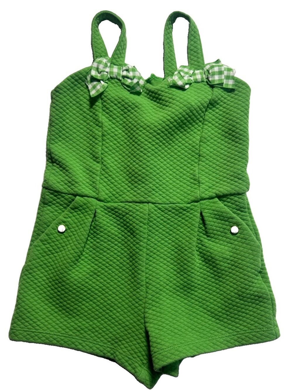 Janie and Jack Girls Size 4 Green Quilted Romper Gingham Bow Pockets EUC